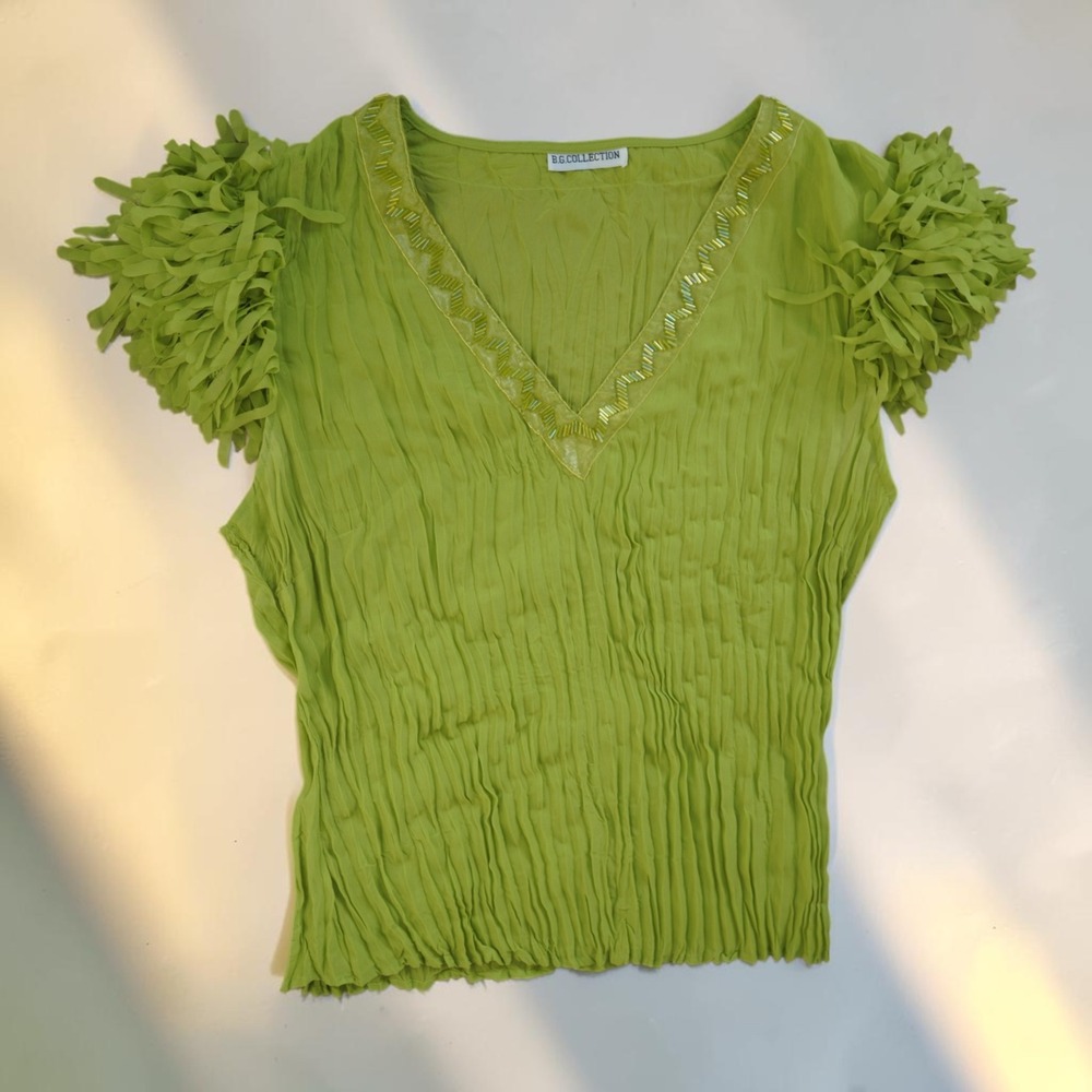 Y2K BG Collection Lime Green Crinkle Top Beaded V Neck Ribbon Fringe Blouse